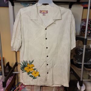 Caribbean Joe SS Full Button White Big Flowers 100% Rayon - Size XL
